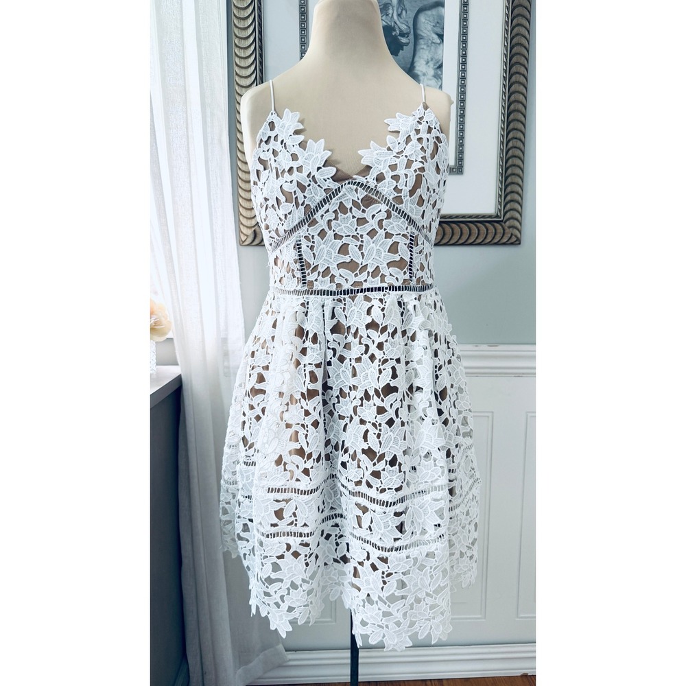 L'Atiste Party Fit & Flare Crochet Lace Bride White Nude Coquette Size: L